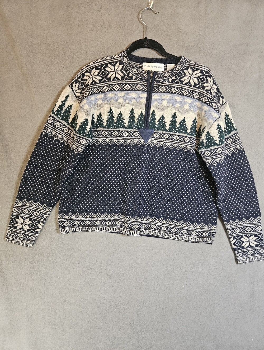 Vintage Paris Sport Club Shetland Wool Forest Sweater Size M Christmas 1/4 Zip